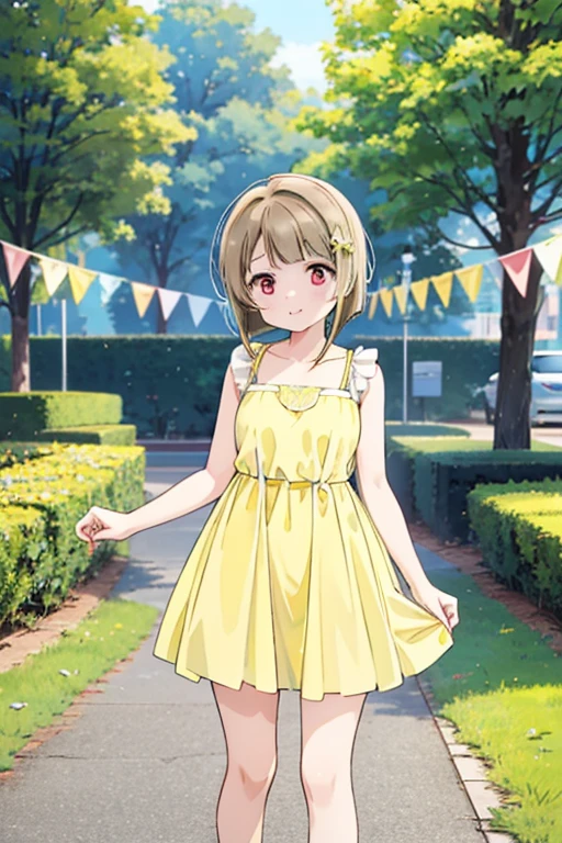 lovelive、Yellow-brown hair、Bobcut、short hair、ワンレングスBobcut、Asymmetrical Hair、Long left bangs、Red Eye、ultra hi resolution picture、cute、Outdoor、Yellow camisole dress、Standing posture、Kasumi Nakasu