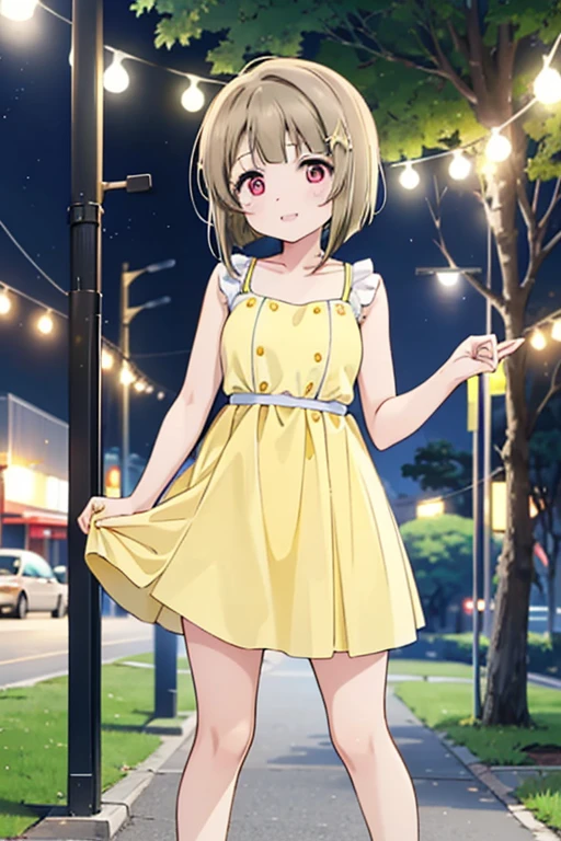 lovelive、Yellow-brown hair、Bobcut、short hair、ワンレングスBobcut、Asymmetrical Hair、Long left bangs、Red Eye、ultra hi resolution picture、cute、Outdoor、Yellow camisole dress、Standing posture、Kasumi Nakasu