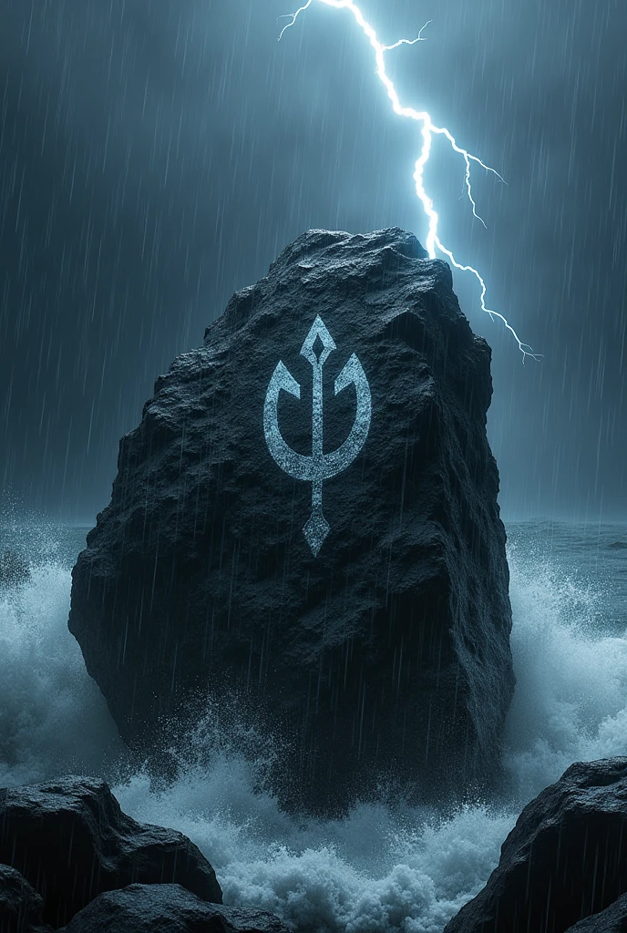 Water symbol on black rock with heavy rain and thunder weather 