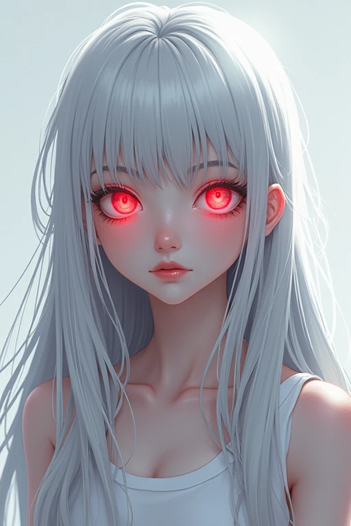Silver hair, 20 years old, long hair, glowing red eyes, 2D