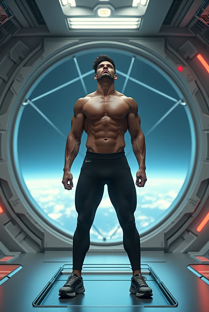 Gym boy with exercise in space ship

