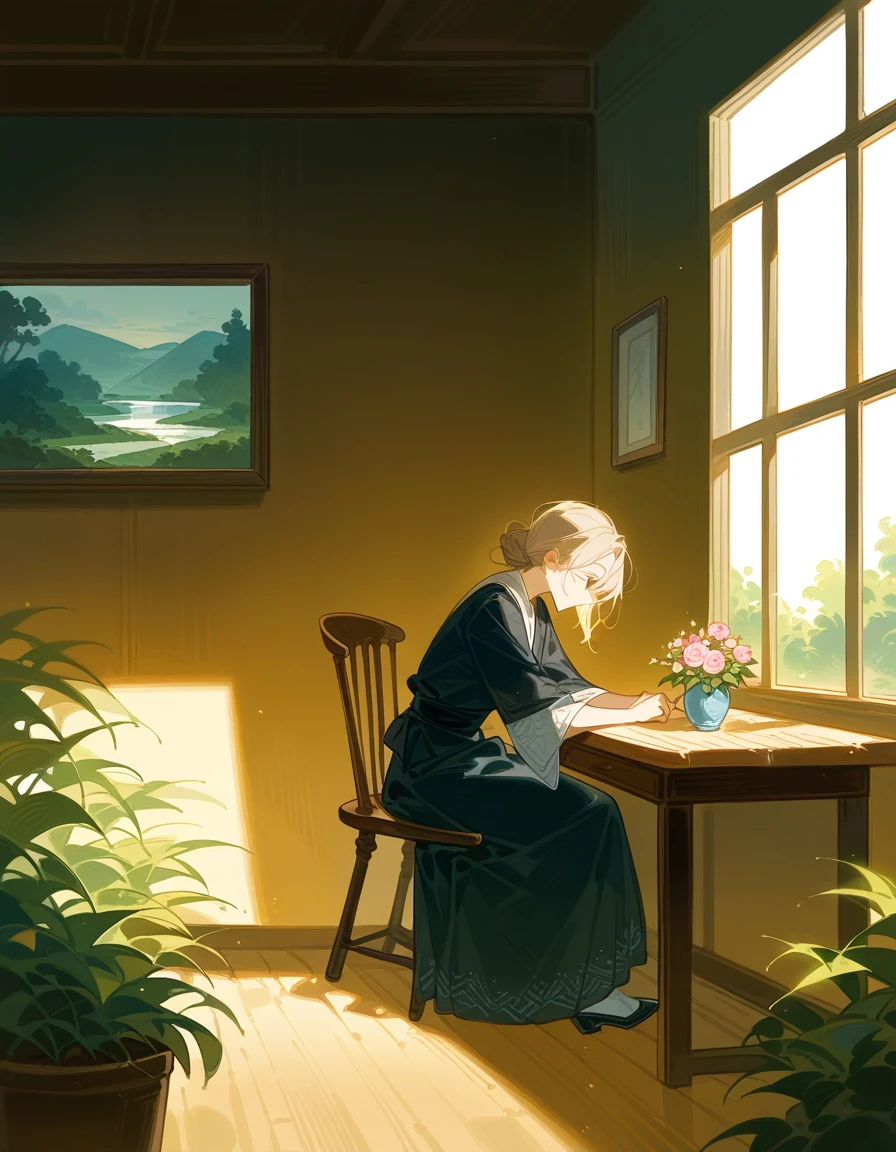 A peaceful interior scene depicts an elderly woman seated on a wooden chair, quietly engaged in needlework. The woman, dressed in a long, dark dress with subtle patterns, has her hair neatly tied back. She sits near a tall white clock, with her face illuminated by the soft, warm sunlight streaming in through a large window on the right. The room is decorated in muted tones, with a light yellowish-brown wall that casts a calm atmosphere. On the left, a wooden table stands against the wall, holding a blue vase filled with fresh pink flowers. A framed landscape painting hangs on the wall above the table. The wooden floor reflects the sunlight, adding a serene glow to the room. Potted plants are visible on the windowsill, bringing a touch of greenery to the cozy interior. The overall scene conveys a sense of tranquility and solitude.