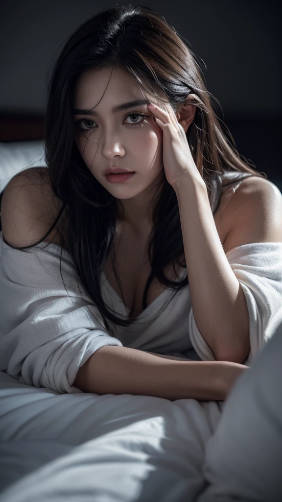 a young woman with scars on her face, disheveled clothes, lying on a bed and crying, (best quality,4k,8k,highres,masterpiece:1.2),ultra-detailed,(realistic,photorealistic,photo-realistic:1.37),1girl,beautiful detailed eyes,beautiful detailed lips,extremely detailed eyes and face,longeyelashes,vulnerable expression,dramatic lighting,moody atmosphere,dark colors,blood stains,torn clothing,messy hair