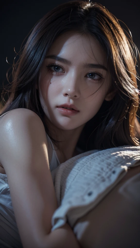a young woman with scars on her face, disheveled clothes, lying on a bed and crying, (best quality,4k,8k,highres,masterpiece:1.2),ultra-detailed,(realistic,photorealistic,photo-realistic:1.37),1girl,beautiful detailed eyes,beautiful detailed lips,extremely detailed eyes and face,longeyelashes,vulnerable expression,dramatic lighting,moody atmosphere,dark colors,blood stains,torn clothing,messy hair