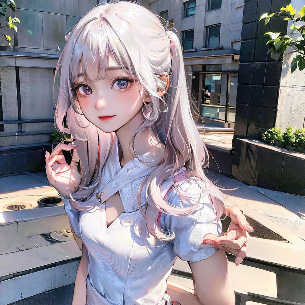 (hyper realist), (illustration), (high resolution), (8k), (extremely detaild), (best illustration), (beautiful detailed eyes), (best qualityer), (super verbose), (work of art), (wall-paper), (face detailed), standing alone, 1 girl, wavy white hair, korean, heterochromic eyes, small spots under the eyes, t-shirt pink, only panties long legs, tight abdomen, no chest leak, background street, standing