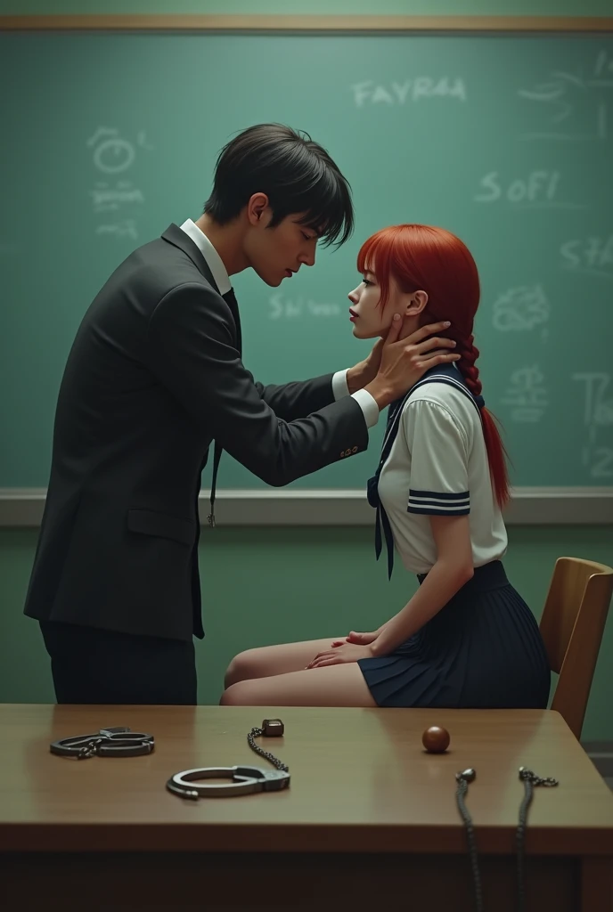 Image réelle.
Cadre: une salle de classe avec une fine fumet verte et grise comme si il y avait des effets speciaux. Sur le bureau du professeur etaient posé des menottes mais aussi un bandeau pour les yeux et un bâillon boule qu on utilise pour le BDSM.
L'etudiante a 22 ans elle est assise sur une table en face du bureau de son prof d'une maniere sensuelle mais habillée de son uniforme elle avait une natte et les cheveux rouges.
Professeur : il a 32 ans originaire de la reunion il un style typique reunionais. Cheveux noir court teint mat. Il tient sensuellement la gorge de son élève dans sont regard on voit le desir et la détermination