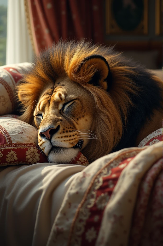 Draw me a picture of a lion sleeping on a bed 