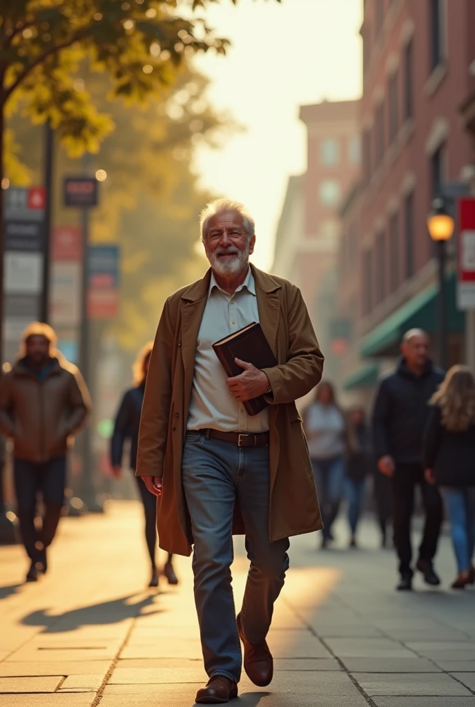 (A man holding a Bible happily walking on a street