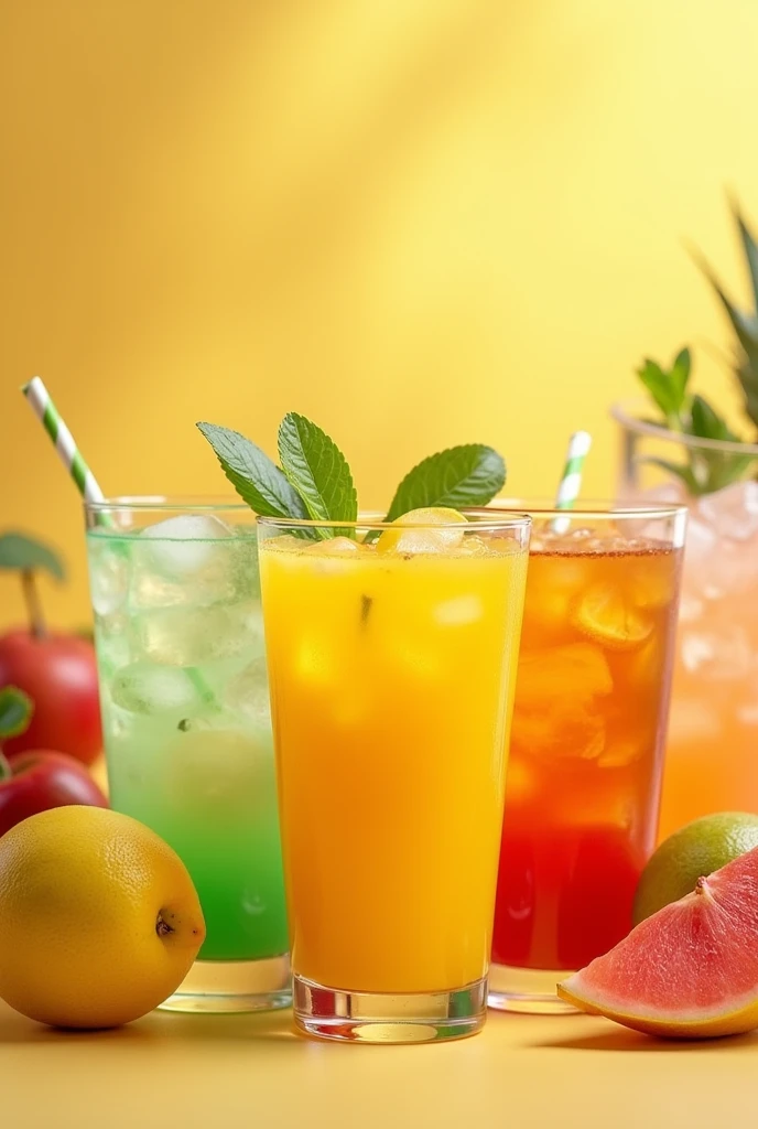 Each drink is served in a transparent cup, showcasing its vibrant color and distinct appearance. Every cup contains a unique blend of ingredients, corresponding to a particular fruit. These include a lemon-infused drink, characterized by a refreshing yellow hue; an apple-flavored beverage, offering a crisp and light green shade; a mango-based drink, radiating a rich and tropical orange color; and a honey blend, distinguished by its warm golden tone. The transparency of the cups allows the natural colors of the drinks to be fully appreciated, enhancing their visual appeal.