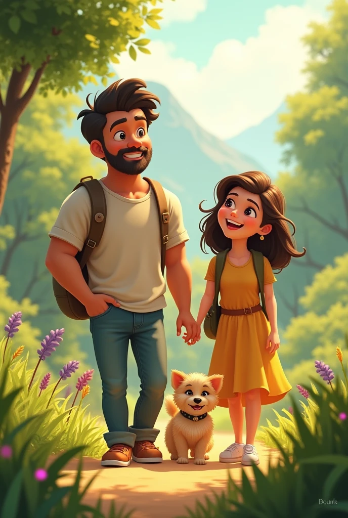 A heartwarming scene of a family enjoying a pleasant day on an adventure. The family includes a couple named Dixit and Vaish, and their adorable puppy named Hazel. Dixit is a man with a friendly smile, wearing casual outdoor clothing like a T-shirt and jeans. Vaish is a woman with a joyful expression, dressed in a comfortable summer dress. Hazel, the puppy, is a small, fluffy dog with a wagging tail. The background depicts an adventurous setting, such as a lush green forest or a scenic mountain trail, with sunlight filtering through the trees, suggesting a sense of joy and tranquility.