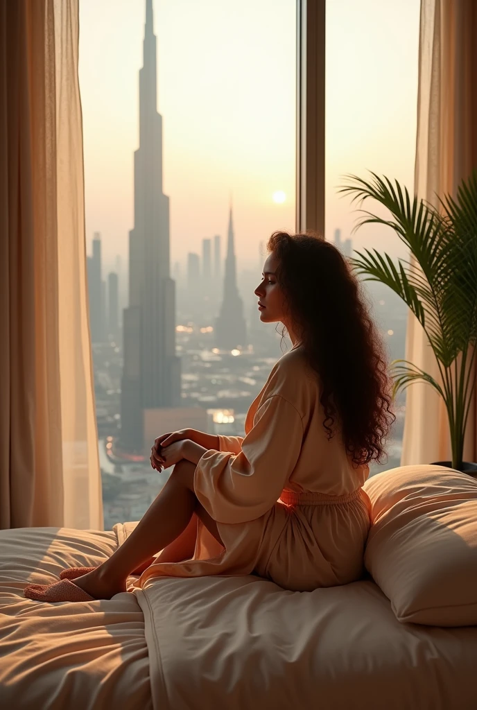 A photorealistic scene of a beautiful woman sitting on a bed in a luxurious high-rise apartment in the Burj Khalifa. She’s wearing an elegant silk robe and matching slippers, with long curly hair cascading around her. The room features soft, warm lighting and is decorated with elegant furnishings and indoor plants. Through the large windows, the expansive cityscape of Dubai is visible, with the iconic Burj Khalifa towering above the bustling city. Capture the intricate details of her relaxed pose and the contrast between the cozy indoor space and the vibrant city lights outside." 
Same dress but different poses  see on the Burj khalifa hottest level up standing position 