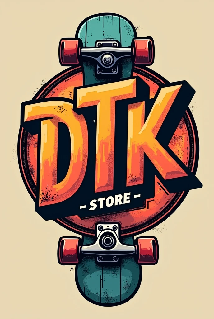 Make logo of DTK word skateboard90s style add store smallfont at the buttom and circle around