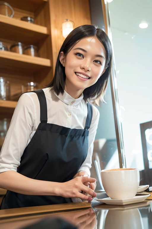 (8k, RAW photo, best quality, masterpiece), (photorealistic), outstanding details, ultra-high resolution, anatomically correct, textured skin, (Extremely precise and accurate ???????),
Ultra Detailed Face, Detailed Eyes, 

 1 Girl, barista uniform, forehead, pulled back hair, 
(Cute Japanese girl , 20-year-old), (light smile:1.2),  (Mouth slightly open) , 
cinematic lighting in the hair, hair light, wind in the hair,
open cafe, 

(backlighting), 
(reflection light from below:1.4), 
atmospheric perspective, depth of field, 
(dramatic lighting), cinematic lighting, 