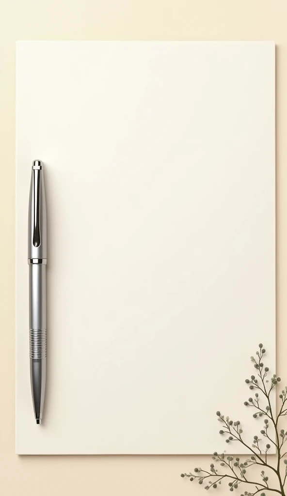 A white brownish page. The page with some flower design bottom side of the page. Left side of the page have a Parker Folio Stainless Steel Chrome Trim silver color Fountain Pen. Pen is completely silver color don't use other colors.
Pen onto the side corner of the page. Pen don't cover the page or the middle part of the page. Remove any text from the page and want only pen and the page. Place the pen left side of the page.