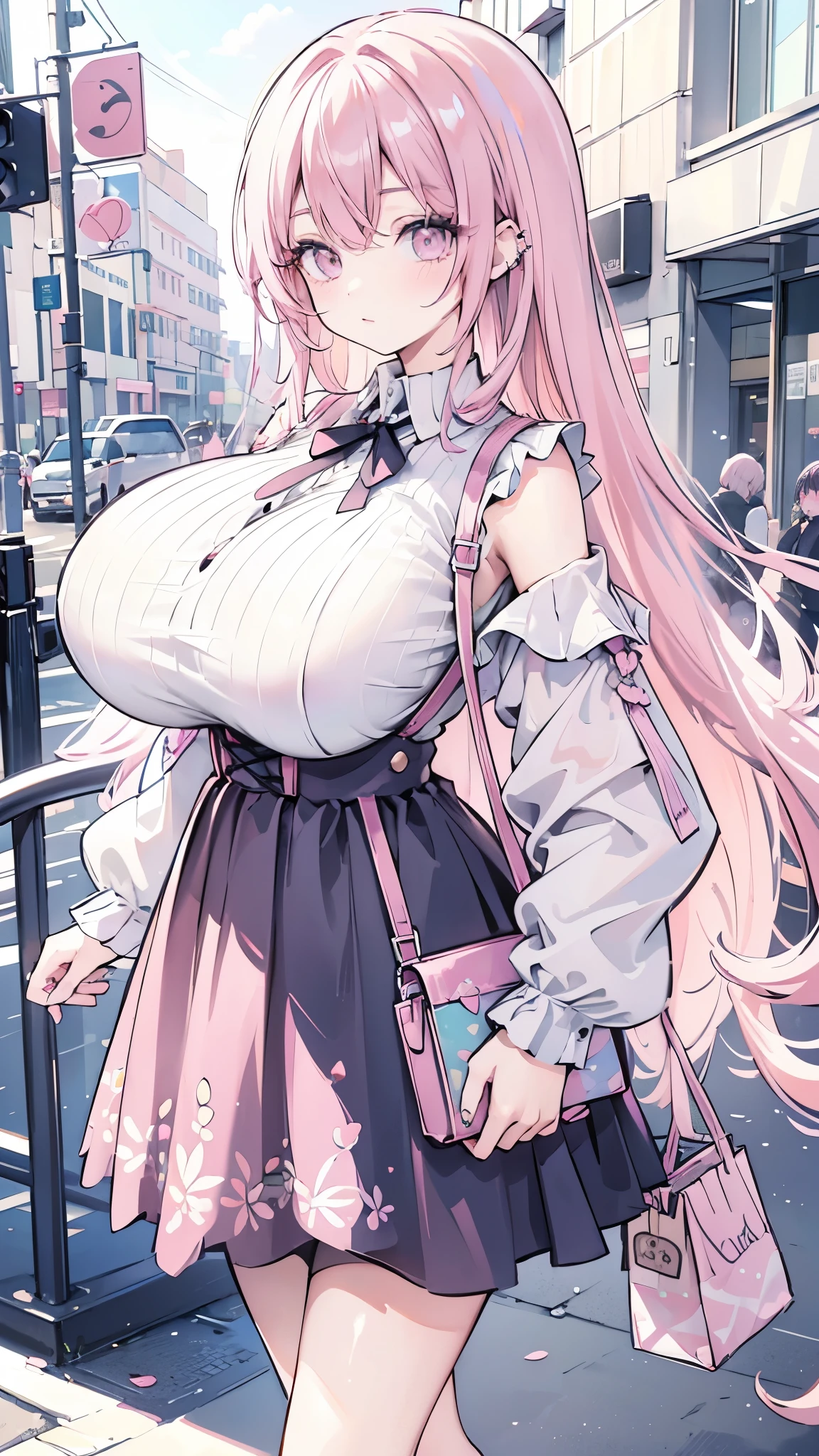 sagging breasts,mature female,huge breasts, gigantic breasts,solo,gyaru,((nagatiti)),eyeshadow,lip,Shiny eyelashes,pink hair,black hair, ((two tone hair)),twin tails,piercing, detailed decorations, ω,half eye,embroidered, Corsets, suspender skirts, ruffle skirts, off-shoulder knits, oversize, buggy clothes, rip knits, puff sleeves, long hair, curly hair,from diagonal,dynamic angle, pov,From above ,(hand focus),(((Pastel colors))), wide-angle,walking around town, bags,