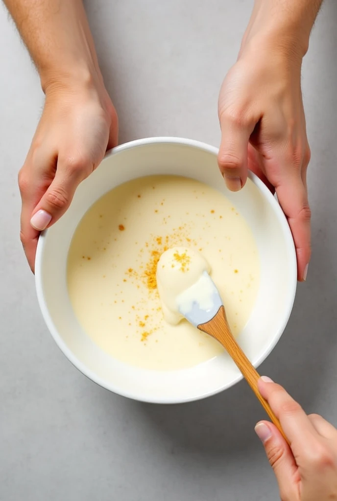 Paste of milk with ginger powder in bowl man mixing pic from up not showing man body only mixing