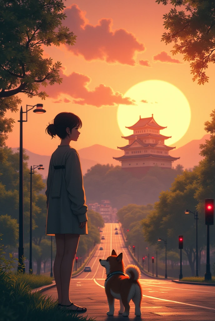 A beautiful woman in her 20s、puppy（Shiba Inu）Looking at the castle in the distance、Under the sunset-tinted sky、Lush tree々Traditional Japanese castle surrounded by。In the foreground, a modern cityscape spreads out.、I see red traffic lights and road signs。In the style of director Makoto Shinkai、Draw a beautiful scene where history and modernity come together。」