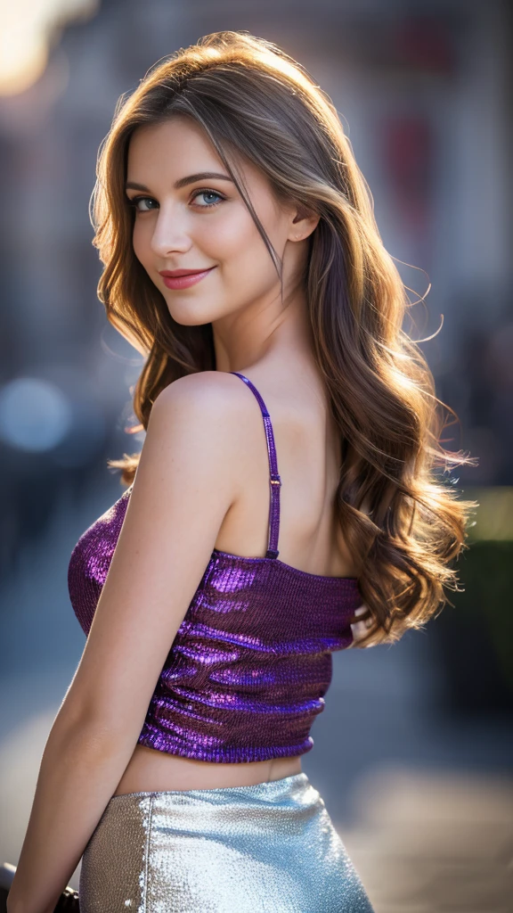 (realistic,photorealistic,photo-realistic:1.37),highly detailed russian girl, aubergine strapless top and aubergine mini skirt, smiling,gorgeous british 18year woman,beautiful detailed eyes,beautiful detailed lips,realism style,dynamic pose,full body,8k quality,depth field,wavy long silver hair,professional portrait lighting,vivid colors,ultra-sharp focus,soft natural lighting,sophisticated expression,breathtaking composition,subtle background,highres,nighttime, pub background