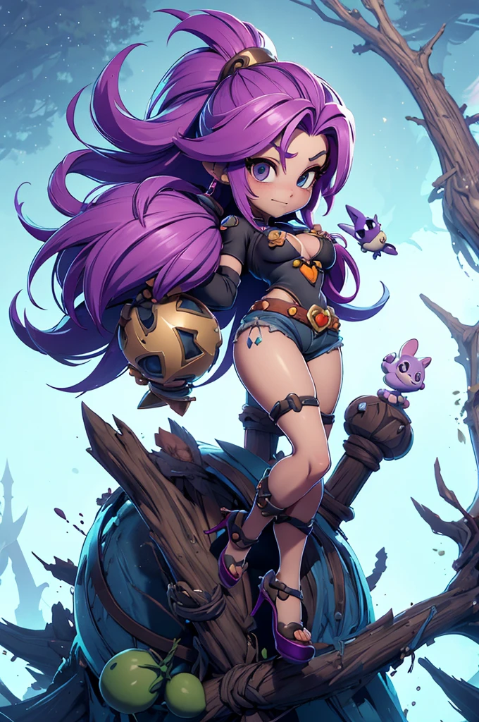 Rayman Legends style tree, character estilo art rayman legends, girl and boy, fully body, viking style, Giant Accessories,Giant Monster, big breats,Little bunny, (shorts),big breast, sensuality, wizard, covered with cover, Cover covering the head, ar mysterious