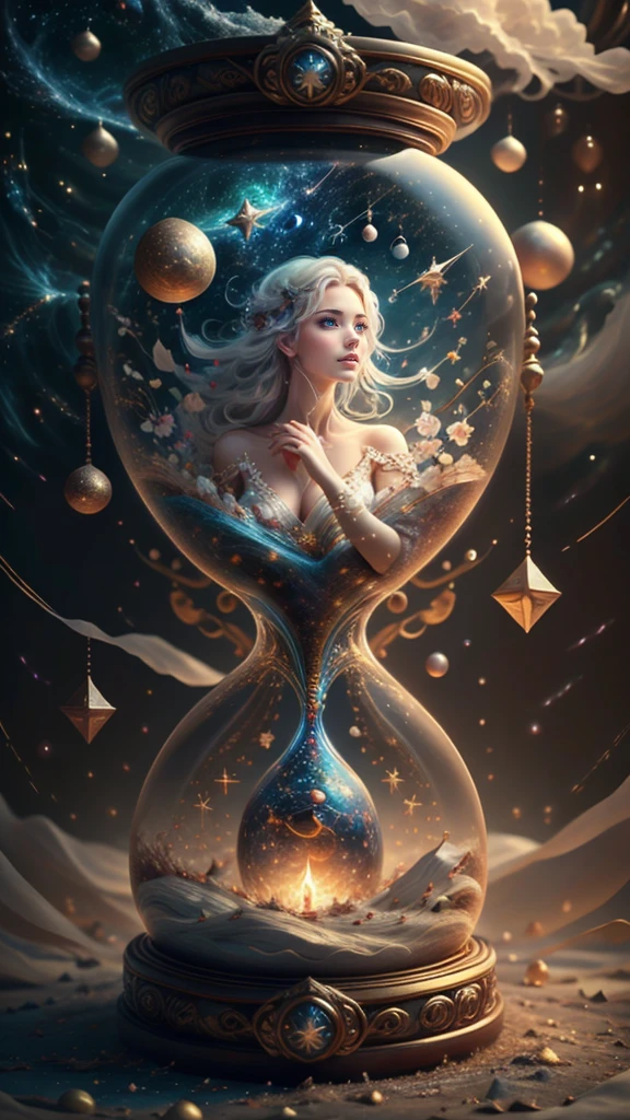 (masterpiece、Highest quality、Highest quality、Beautiful and beautiful:1.2)、Highest Resolution、8k、Excellent anatomy、The delicate story of the girl with milky white hair、Look up at the stars、Confident eyes、astrologer、Wrapping up、Fog rising from the feet、flash、illumination、12 Constellations、Going around、Stand at the entrance to the ground maze、Interpreting the Starry Sky、Sparkling splash in both hands、Four thin, delicate fingers and a thumb、Fulfilled、Overflowing、lime、Beautiful 3D、Deep Background、hourglass