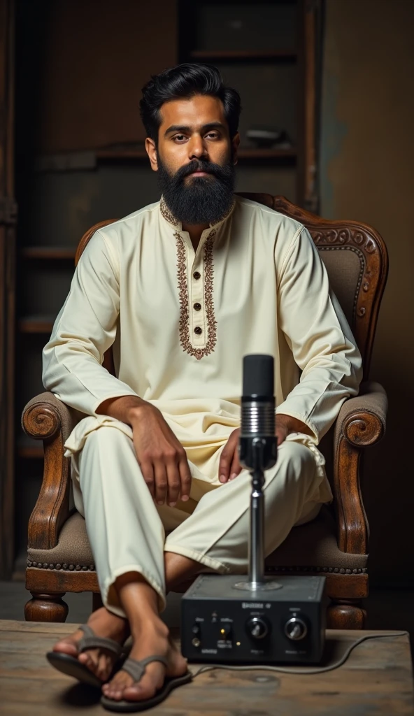 A young adult male in his early twenties with a rugged, full beard sits comfortably on a worn, rustic wooden chair, its legs adorned with subtle carvings, in front of a distressed, dark-wooden table with prominent grain patterns. On the table, a sleek, silver microphone stands upright, its cord plugged into a modern, compact audio switch, its buttons and dials displaying a subtle sheen. The man wears a traditional, crisp white kurta with intricate embroidery on the collar and buttons, paired with loose-fitting, cream-colored shalwar pants and brown leather sandals. His skin has a warm, golden undertone, and his facial features are defined by a prominent nose, thick eyebrows, and expressive, dark brown eyes. The background is blurred, with subtle hints of a dimly lit, intimate setting, evoking a sense of cozy, creative comfort.