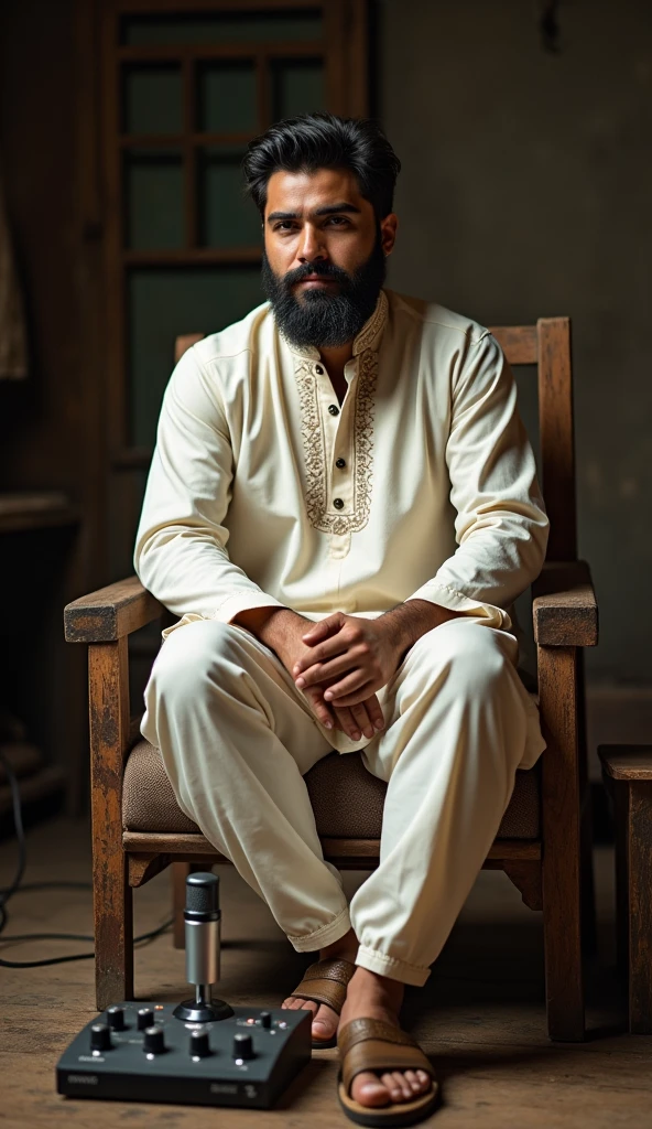 A young adult male in his early twenties with a rugged, full beard sits comfortably on a worn, rustic wooden chair, its legs adorned with subtle carvings, in front of a distressed, dark-wooden table with prominent grain patterns. On the table, a sleek, silver microphone stands upright, its cord plugged into a modern, compact audio switch, its buttons and dials displaying a subtle sheen. The man wears a traditional, crisp white kurta with intricate embroidery on the collar and buttons, paired with loose-fitting, cream-colored shalwar pants and brown leather sandals. His skin has a warm, golden undertone, and his facial features are defined by a prominent nose, thick eyebrows, and expressive, dark brown eyes. The background is blurred, with subtle hints of a dimly lit, intimate setting, evoking a sense of cozy, creative comfort.