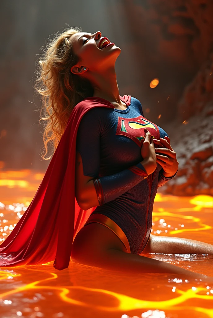 (NSFW:1.7) A SEXY FEMALE WEARING A TIGHT FORM FITTING BLUE SUPERGIRL COSTUME AND RED SUPERGIRL CAPE SITTING IN SUBMERGED IN A POOL HOT LAVA IN A MAGMA CHAMBER, PARTIALLY NUDE, ARCHED BACK MOANING AS SHE GRABS HER BOOBS.