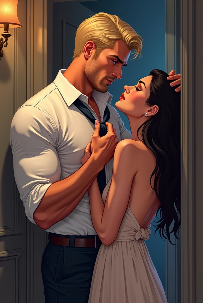 cartoon illustration of a handsome man forty years old, He is strong and muscular, has powerful blue eyes and blond hair, similar to the character Tyler Rake, looking intensely and passionately at a beautiful twenty-year-old girl similar to the character Blair Waldorf, youthful face, naive dark look, dark hair and dark eyes wearing a light dress, they are in a luxurious suite, She is leaning against the wall and being seductively cornered by him who holds her hands above her head and ties them with his tie., he has his shirt open showing his muscles, looking intensely and seductively at her. full body image of the couple.