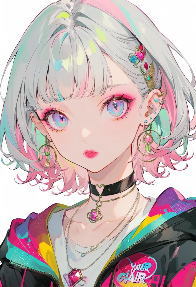 Upper body portrait, Rainbow Style, 1 , (alone), Long white hair, View your viewers, Blue Eyes Background, White background, gem, Jacket, Pink Hair, ear nipple ring, Pink Eyes, Choker Necklace, sweater, eyelash, cosmetics, Carly, punch, lipstick, ear piercing, eye shadow, Hoop Earrings, Red pink lips, Variegated eyes, Pink Theme, ピンクのeye shadow, Minimum, small,