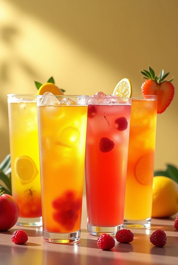 Each drink is served in a transparent cup, showcasing its vibrant color and distinct appearance. Every cup contains a unique blend of ingredients, corresponding to a particular fruit. These include a lemon-infused drink, characterized by a refreshing yellow hue; an apple-flavored beverage, offering a crisp and light red shade; a mango-based drink, radiating a rich and tropical yellow color; and a honey blend, distinguished by its warm golden tone. The transparency of the cups allows the natural colors of the drinks to be fully appreciated, enhancing their visual appeal.