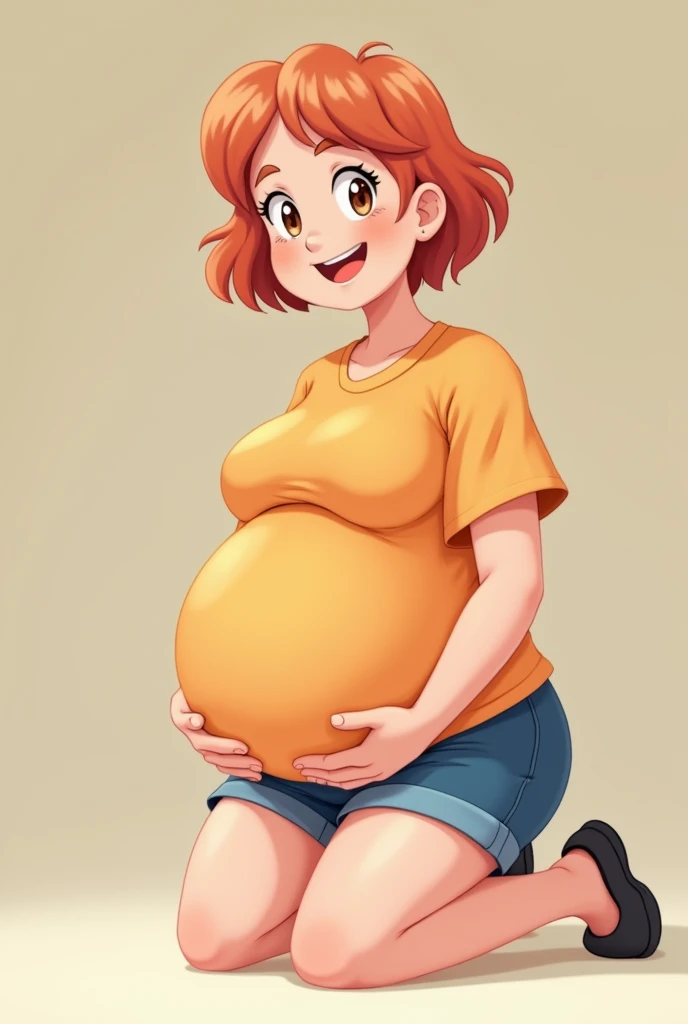 a cartoon adult girl is kneeling on knees, pregnant belly, pregnant, pregnancy, her belly is fat and round, she has a jiggly fat round belly, anime girl, cell shaded adult animation, shorts, orange hair, solo, short hair, smile, full body, 4k hd, legs visible, tall, blue shorts and an orange shirt, brown eyes, 1girl, in black Flats