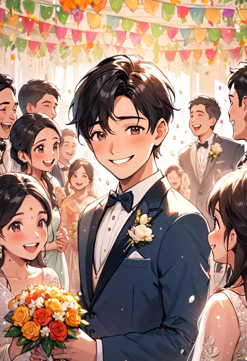 Indian、Young man with a big nose、Pop Comics、The background is a wedding hall、The position of the one celebrating、Celebrating with a flower shower、About 10 people are celebrating.、All smiles、The groom is handsome、The bride is pretty
