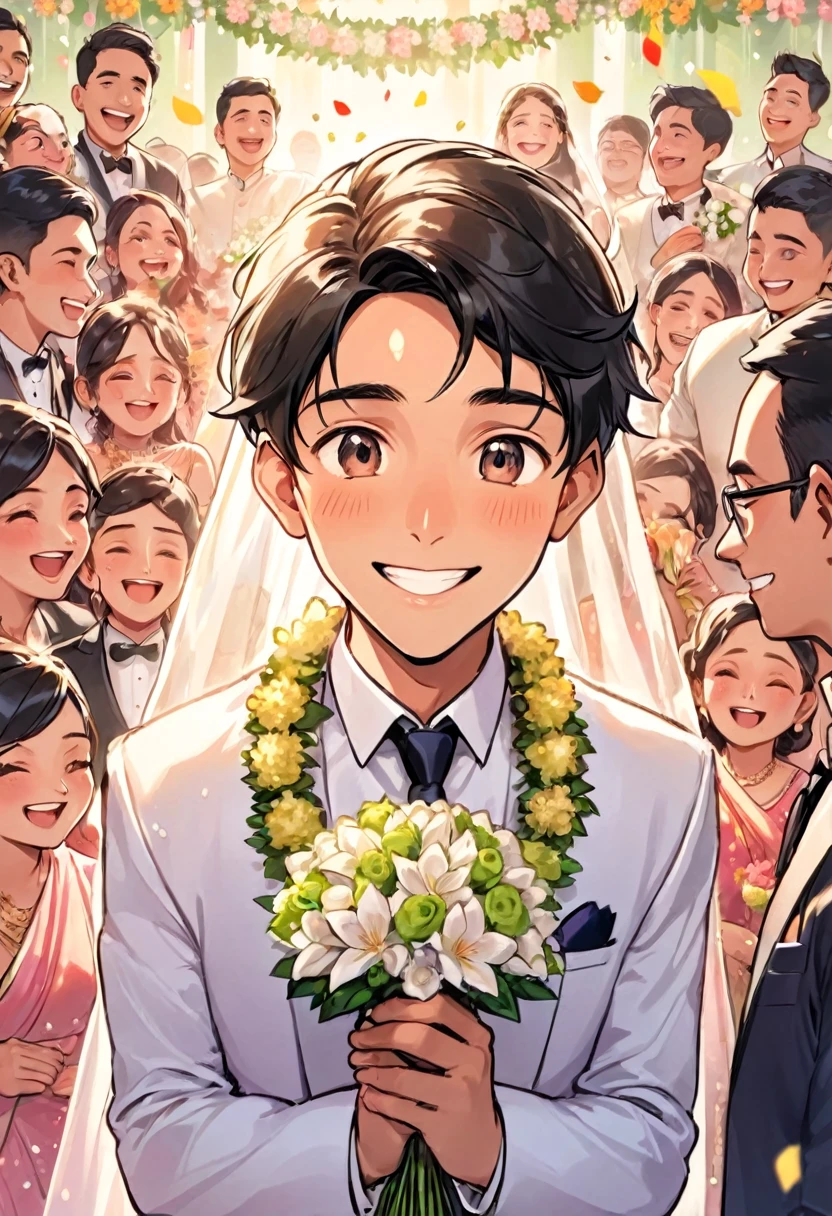 Indian、Young man with a big nose、Pop Comics、The background is a wedding hall、The position of the one celebrating、Celebrating with a flower shower、About 10 people are celebrating.、All smiles、The groom is handsome、The bride is pretty