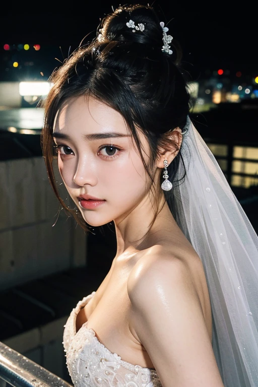 (2 Japanese beautiful girl,), (Small breasts:1.5,),(solo,,Textured skin, Detailed skin,Detailed face,Detailed eyes,detailed posing,Natural eyebrows,Sparkling Eyes,High detail, Highest quality, Super detailed, Surrealism, ,8k,RAW Photos,Photographicism,Professional Lighting,Ray Tracing,Portrait Photography,Natural Light),(((Black Hair, Natural Makeup,Simple earrings, Bun Hair, Wedding dress,Wedding Photos,Night view from the rooftop of a building,Aperture f7,A composition that captures the whole body)))