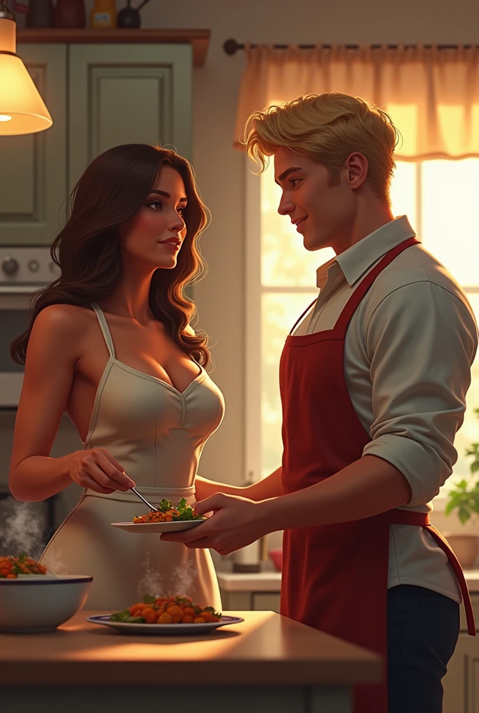 a cute couple stand and stand together near a big pile of food, 1girl, 1boy, table, breasts, closed eyes, brown hair, indoors, kitchen, open mouth, hair bun, cleavage, smile