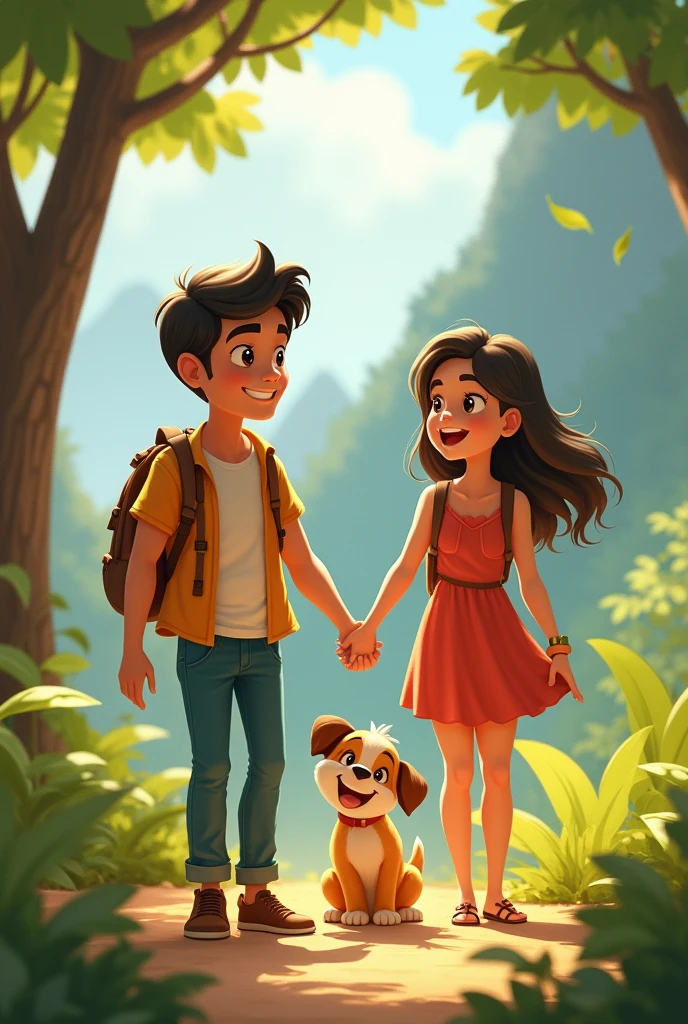 A heartwarming scene of a family enjoying a pleasant day on an adventure. The family includes a couple named Dixit aged 26 and Vaish, aged 22 and their adorable puppy named Hazel. Dixit is a man with a friendly smile, wearing casual outdoor clothing like a T-shirt and jeans. Vaish is a woman with a joyful expression, dressed in a comfortable summer dress. Hazel, the puppy, is a small, fluffy dog with a wagging tail. The background depicts an adventurous setting, such as a lush green forest or a scenic mountain trail, with sunlight filtering through the trees, suggesting a sense of joy and tranquility.