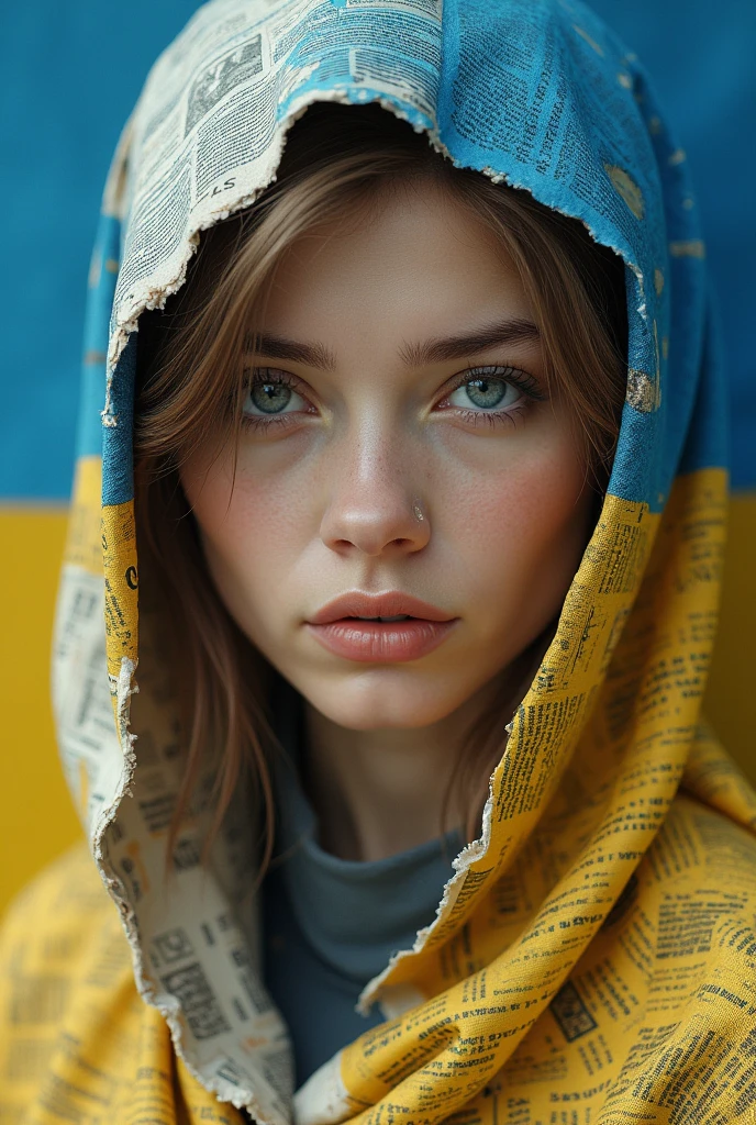 Ukraine flag background textured portrait of women wrapped in newspaper, looking straight to the camera, multi layered artwork, fantastic, sculptural painting, detailed eyes, Fujicolor c200, award winning, professional, highly detailed, intricate,
volumetric lighting, gorgeous, masterpiece, sharp focus, depth of field,
unreal engine, perfect composition, digital art on pixiv, artstation, 8k, hdr