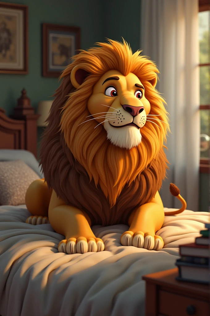 When the lion realizes that it is time for his school, he quickly gets up from the bed.