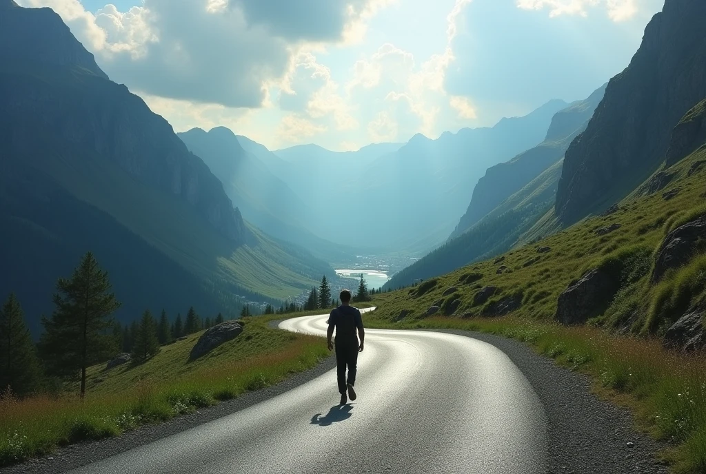 You are walking alone on a sinuous clear road that winds through majestic mountains, just ahead has a beautiful city. The sky, once clear, is now covered by sunlight. The wind blows with increasing force, making the trees around it moan and lean. You feel the first drops of rain touching your skin, and the air becomes heavy with the expectation of an impending storm. In this moment of loneliness and uncertainty, with nature about to unleash its fury, you remember the comforting words of Psalm 91. As you recite the verses in your mind, a sense of calm begins to spread throughout your being, contrasting with the turmoil around you.