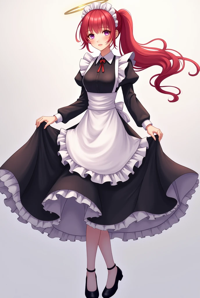 Emma Watson, masterpiece,(best quality, illustration,detailed face:1.3),(1girl,solo:1.3),beautiful detailed eyes, apron, gradient_background, gradient, maid, purple eyes,red hair,small breasts,, BREAK, enmaided, white_apron, black_dress, ponytail, black_footwear, frilled_apron, dress, maid_apron, alternate_hair,very long hair, split_ponytail, halo