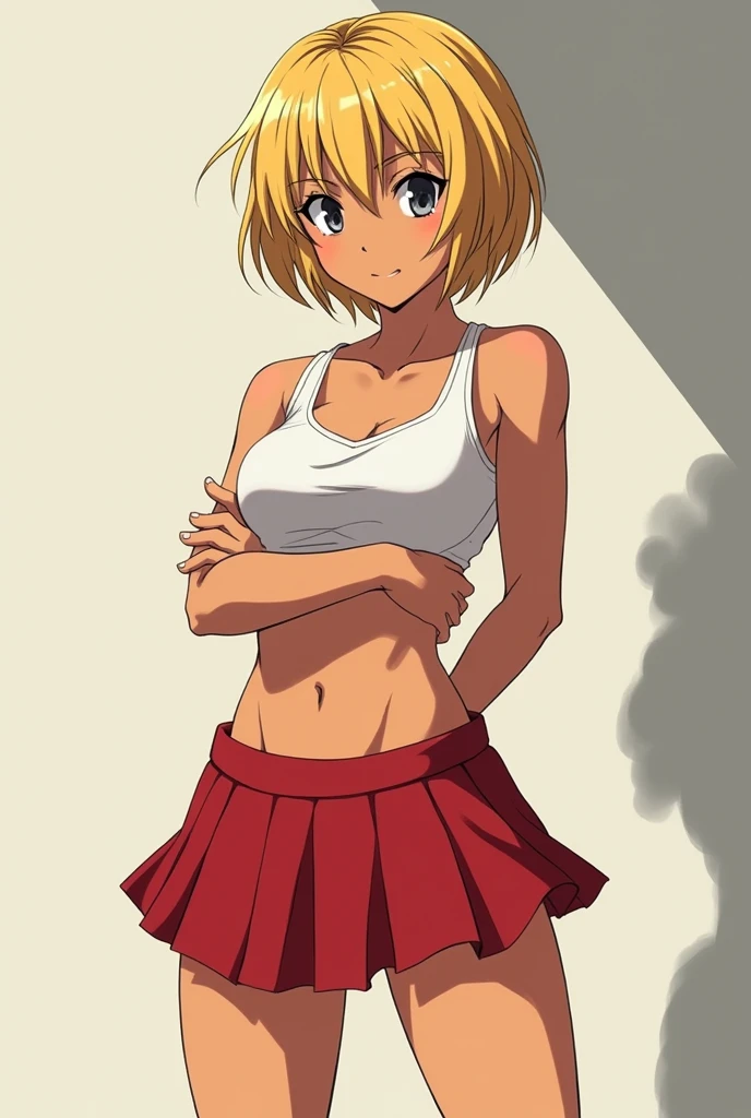 Girl, female, blonde, short hair, muscular, arms are crossed behind her back, wearing skirt, tanned skin, tomboy, anime style