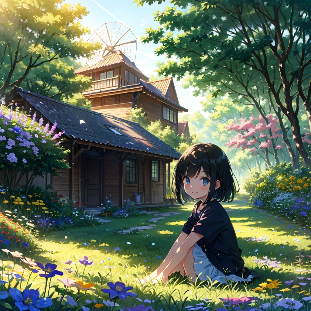 Best quality, super high resolution, vivid color contrast, rays, shadows, ray tracing, perspective,
1 Girl, solo, cute, young, child, , half-up, sitting, beautiful face, bright smile, small breasts,
windmill, meadow, house, Netherlands, flowers, outdoors, petals