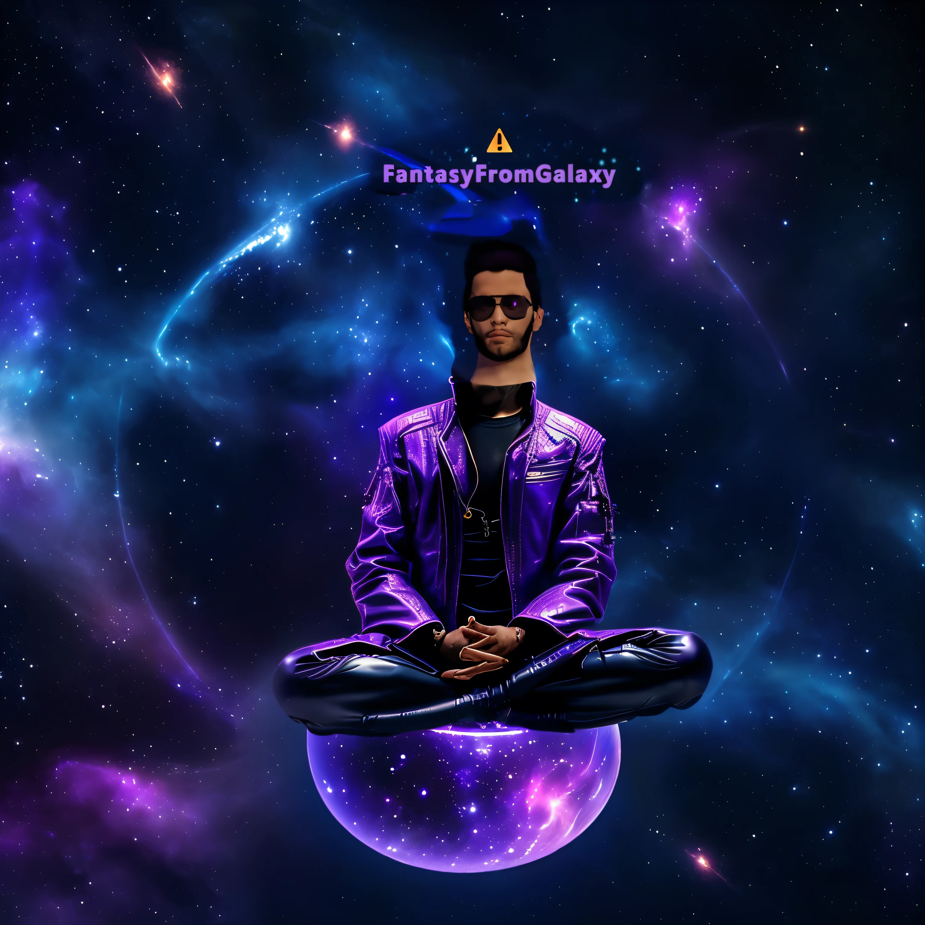 arafed man in purple leather jacket floating in meditation position, floating on the air , zen méditation cyberpunk, elven spirit meditating in space, floating in the cosmos nebula, 🚀🚀🚀, an alien musician lost in space, elven angel meditating in space, on a galaxy looking background, floating!!! in a nebula