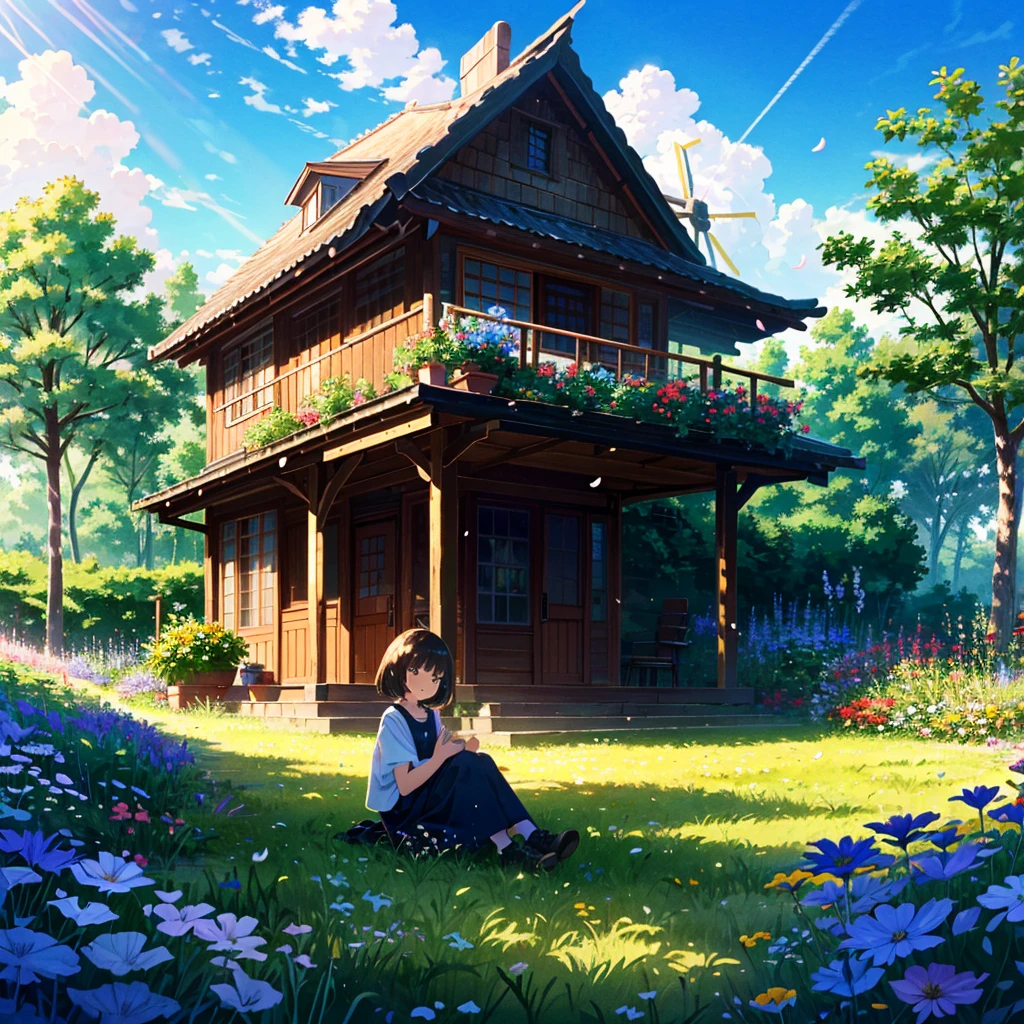 Best quality, super high resolution, vivid color contrast, rays, shadows, ray tracing, perspective,
1 Girl, solo, cute, young, child, , half-up, sitting, beautiful face, bright smile, small breasts,
windmill, meadow, house, Netherlands, flowers, outdoors, petals