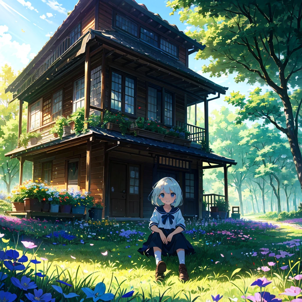 Best quality, super high resolution, vivid color contrast, rays, shadows, ray tracing, perspective,
1 Girl, solo, cute, young, child, , half-up, sitting, beautiful face, bright smile, small breasts,
windmill, meadow, house, Netherlands, flowers, outdoors, petals