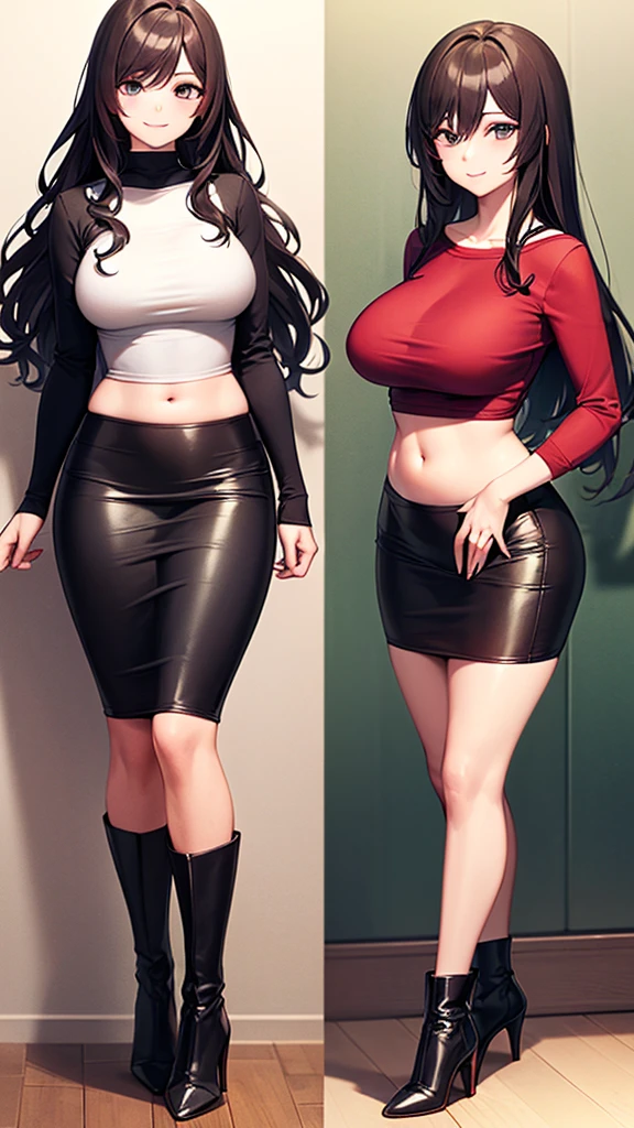 masterpiece, best quality, high detail, ((beautiful woman wearing a cropped long sleeved t-shirt and long tight pencil skirt)), long dark hair, wavy hair, looking at viewer, full body, midriff, belly button, plain t-shirt, high heel boots, light smile,