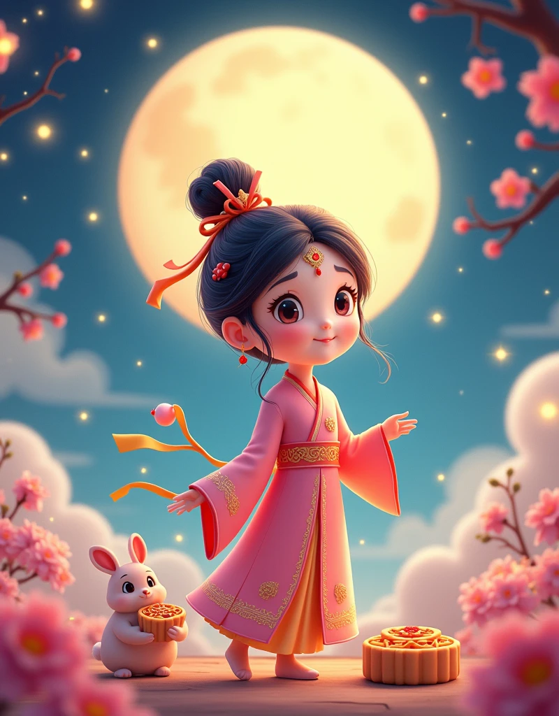 [Vision:1.0]，[Wide Angle:1.0]，(8k，Bright colors，Bright，Ultra high saturation，rgb, Bright colors), Cartoon, Character Design, antiquity，Vibrant Chinese Aesthetics，Microphotography, Felt style, 1 girl wearing Hanfu, Crescent earrings，Raise your eyebrows，Jade Phoenix Branch，Forehead Gem，(Look directly at the audience:15)，iridescent gradient fluorescent ribbons，Felt clothing looks soft and warm in the moonlight, She stood under the bright moon, Dancing lightly, Surrounded by the tranquil night sky and hazy clouds, There is a round moon cake next to the girl., Looks sweet and delicious, Next to it is a cute rabbit holding another mooncake., Sparkling stars, Colorful flowers, Seems to be enjoying the food of this festival, Vibrant and fun, Poster design style, Exquisite，Light Wave，Tradition，Exquisite，Perfect composition，超HD，Create a soft, Flowing atmosphere, Beautiful overall composition，microorganism，plant，Marine Life，Exquisite的眼睛，Starry Sky，Abstract mosaic painting，Describing the inner world of autistic people，Sense of space，White Space，interesting，Innocence，Psychedelic Art，可爱的Q版Cartoon风格，Simple background，Bright colors的插图，Vibrant colors，Full body portrait，HD，High resolution image Q-version style