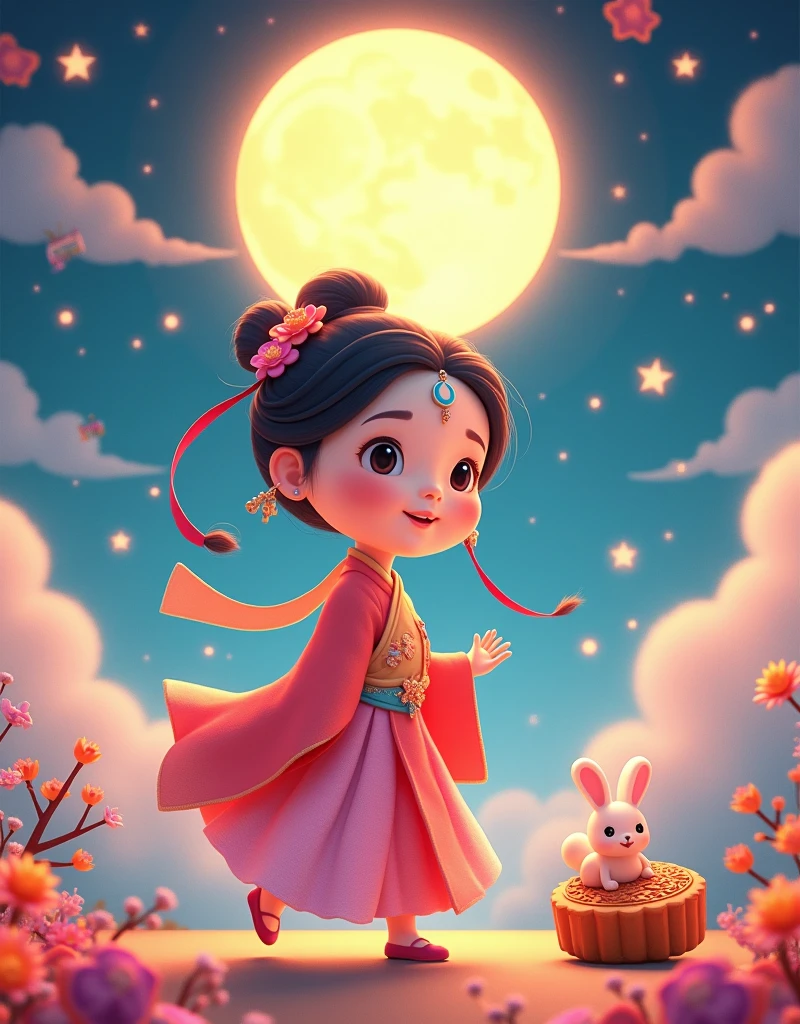 [Vision:1.0]，[Wide Angle:1.0]，(8k，Bright colors，Bright，Ultra high saturation，rgb, Bright colors), Cartoon, Character Design, antiquity，Vibrant Chinese Aesthetics，Microphotography, Felt style, 1 girl wearing Hanfu, Crescent earrings，Raise your eyebrows，Jade Phoenix Branch，Forehead Gem，(Look directly at the audience:15)，iridescent gradient fluorescent ribbons，Felt clothing looks soft and warm in the moonlight, She stood under the bright moon, Dancing lightly, Surrounded by the tranquil night sky and hazy clouds, There is a round moon cake next to the girl., Looks sweet and delicious, Next to it is a cute rabbit holding another mooncake., Sparkling stars, Colorful flowers, Seems to be enjoying the food of this festival, Vibrant and fun, Poster design style, Exquisite，Light Wave，Tradition，Exquisite，Perfect composition，超HD，Create a soft, Flowing atmosphere, Beautiful overall composition，microorganism，plant，Marine Life，Exquisite的眼睛，Starry Sky，Abstract mosaic painting，Describing the inner world of autistic people，Sense of space，White Space，interesting，Innocence，Psychedelic Art，可爱的Q版Cartoon风格，Simple background，Bright colors的插图，Vibrant colors，Full body portrait，HD，High resolution image Q-version style