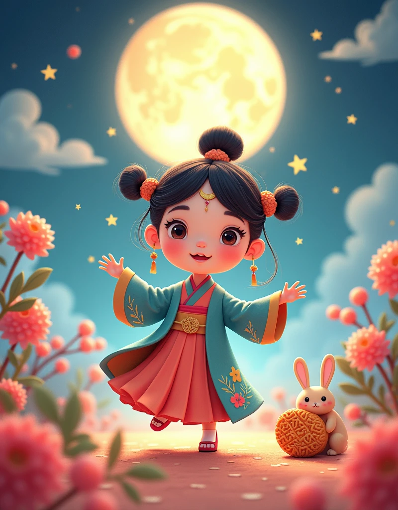 [Vision:1.0]，[Wide Angle:1.0]，(8k，Bright colors，Bright，Ultra high saturation，rgb, Bright colors), Cartoon, Character Design, antiquity，Vibrant Chinese Aesthetics，Microphotography, Felt style, 1 girl wearing Hanfu, Crescent earrings，Raise your eyebrows，Jade Phoenix Branch，Forehead Gem，(Look directly at the audience:15)，iridescent gradient fluorescent ribbons，Felt clothing looks soft and warm in the moonlight, She stood under the bright moon, Dancing lightly, Surrounded by the tranquil night sky and hazy clouds, There is a round moon cake next to the girl., Looks sweet and delicious, Next to it is a cute rabbit holding another mooncake., Sparkling stars, Colorful flowers, Seems to be enjoying the food of this festival, Vibrant and fun, Poster design style, Exquisite，Light Wave，Tradition，Exquisite，Perfect composition，超HD，Create a soft, Flowing atmosphere, Beautiful overall composition，microorganism，plant，Marine Life，Exquisite的眼睛，Starry Sky，Abstract mosaic painting，Describing the inner world of autistic people，Sense of space，White Space，interesting，Innocence，Psychedelic Art，可爱的Q版Cartoon风格，Simple background，Bright colors的插图，Vibrant colors，Full body portrait，HD，High resolution image Q-version style