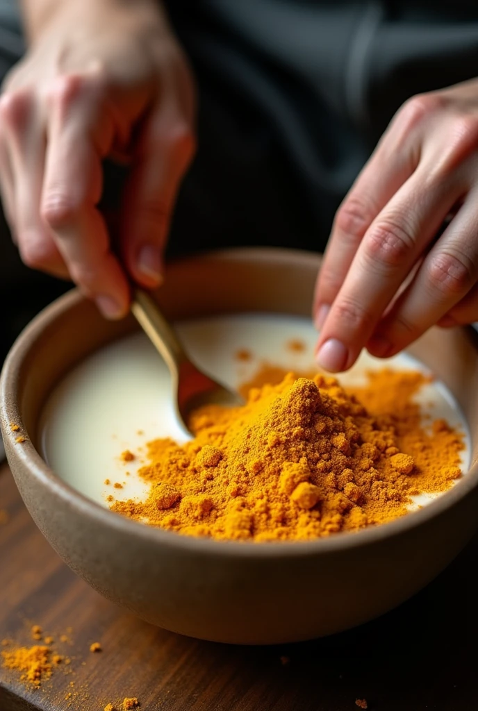 Paste of milk with ginger powder in bowl man mixing pic from up not showing man body only mixing . ginger powder will be more and milk will be less and only one man mixing